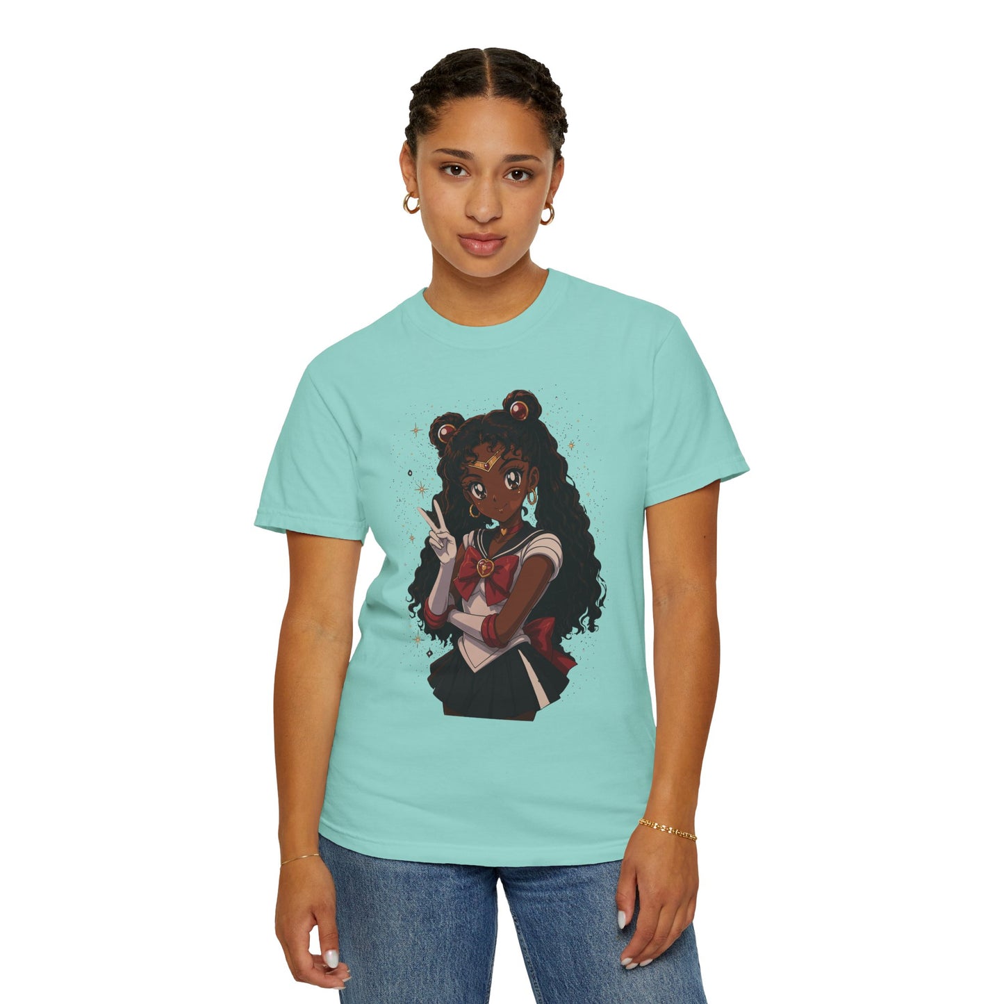 Melanin Magic Anime Tee, Black Anime Girl Shirt, Afro Magical Girl Tee, African Streetwear Graphic, Unisex Garment-Dyed T-Shirt
