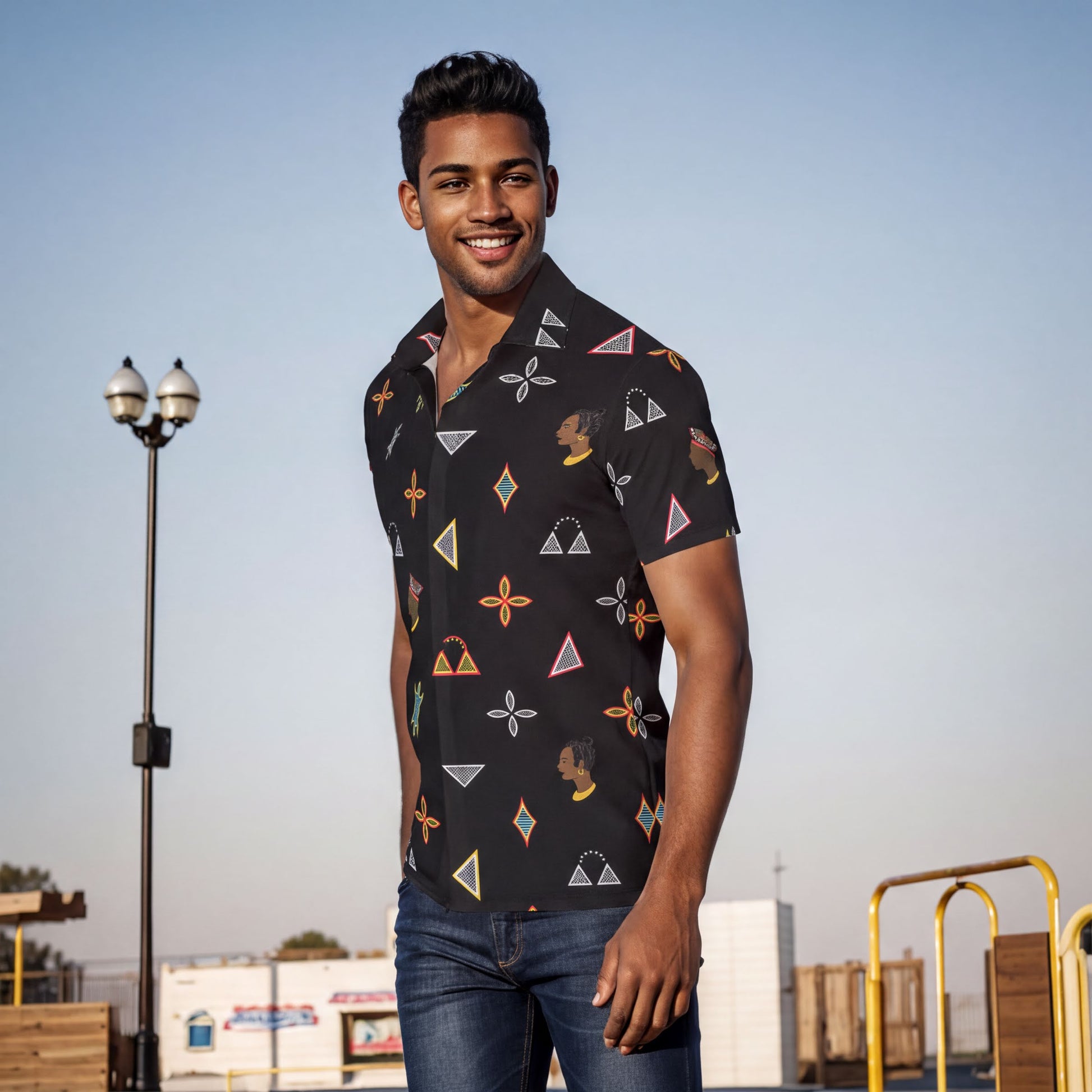 A young man wearing a black shirt with colorful geometric patterns stands outdoors, smiling at the camera.
