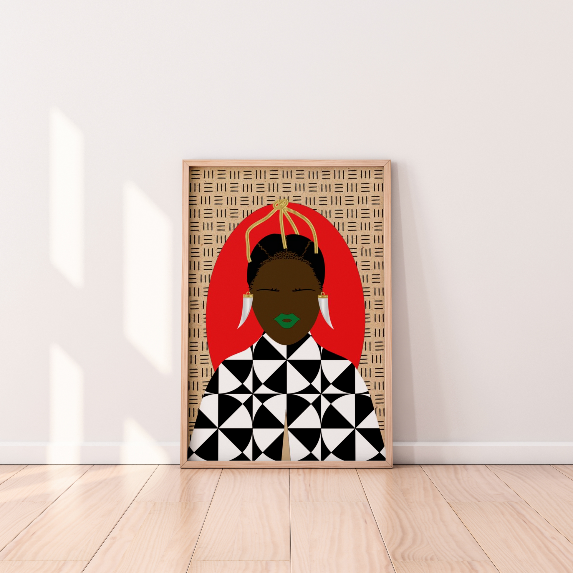 a framed illustration of a woman with a red headband and a black and white geometric patterned dress.