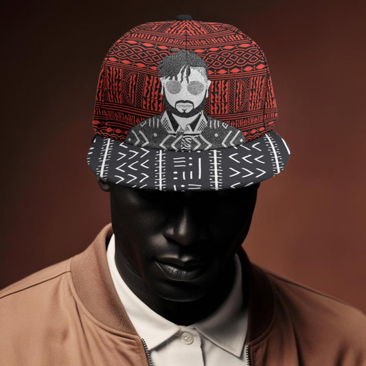 African Print Snapback Hat: Red Ndop & Mudcloth Flat Brim