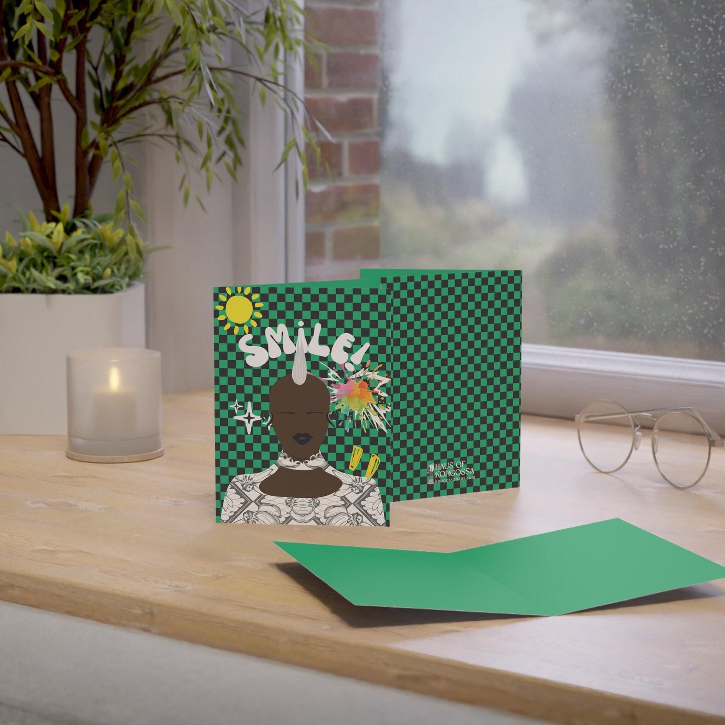 Smiling Mohawk N - Green checkers  Green African Greeting Cards (1, 10pcs)