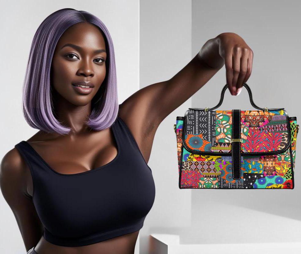 Ankara Print Vegan Leather Satchel Handbag: Black Flap Top, Long Strap, Ready to Ship