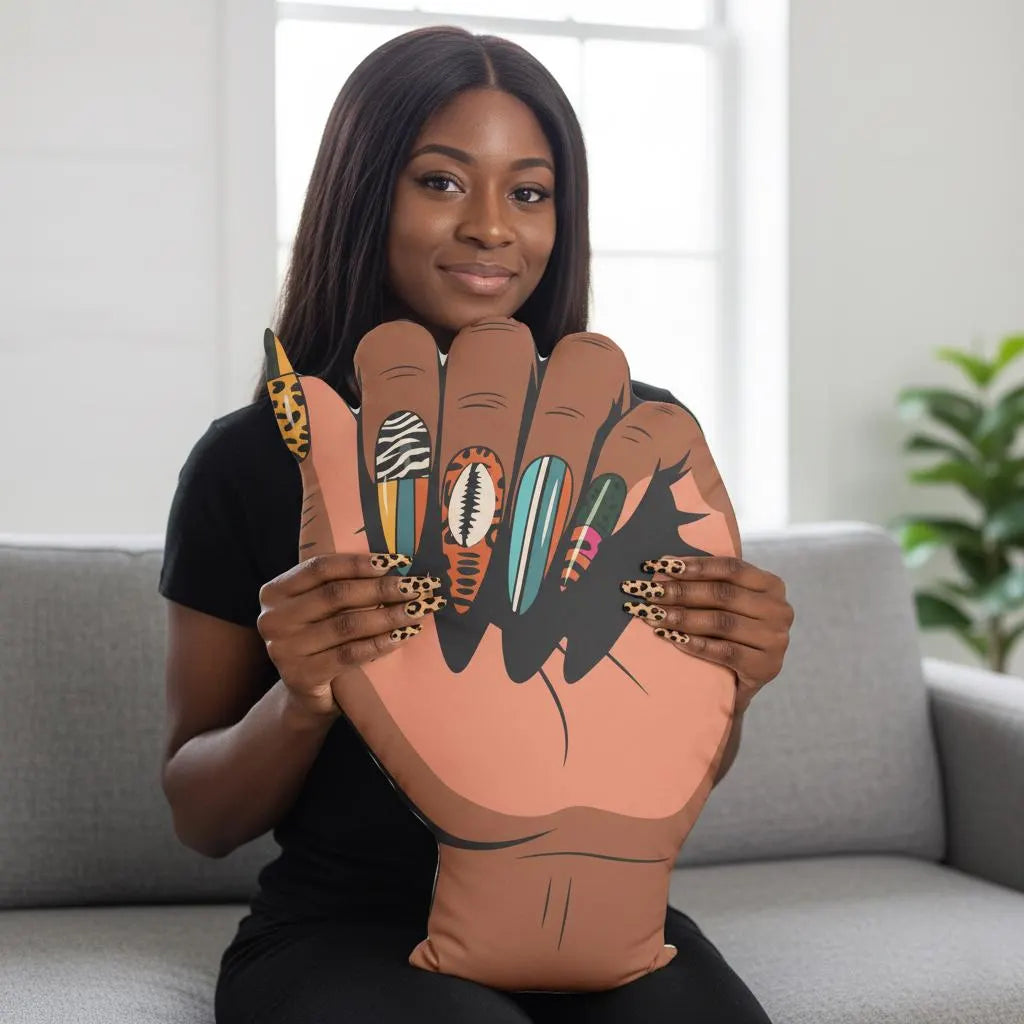 A woman is sitting on a couch, holding a large hand pillow that features a cartoon illustration of a hand with various nail art designs.
