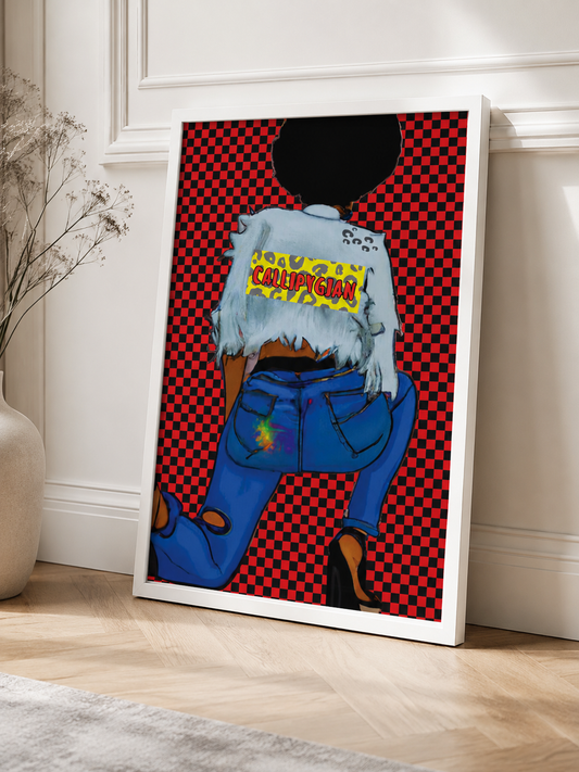 The image is a framed artwork depicting a stylized illustration of a person wearing a white jacket and blue jeans, with a checkered pattern on the background.