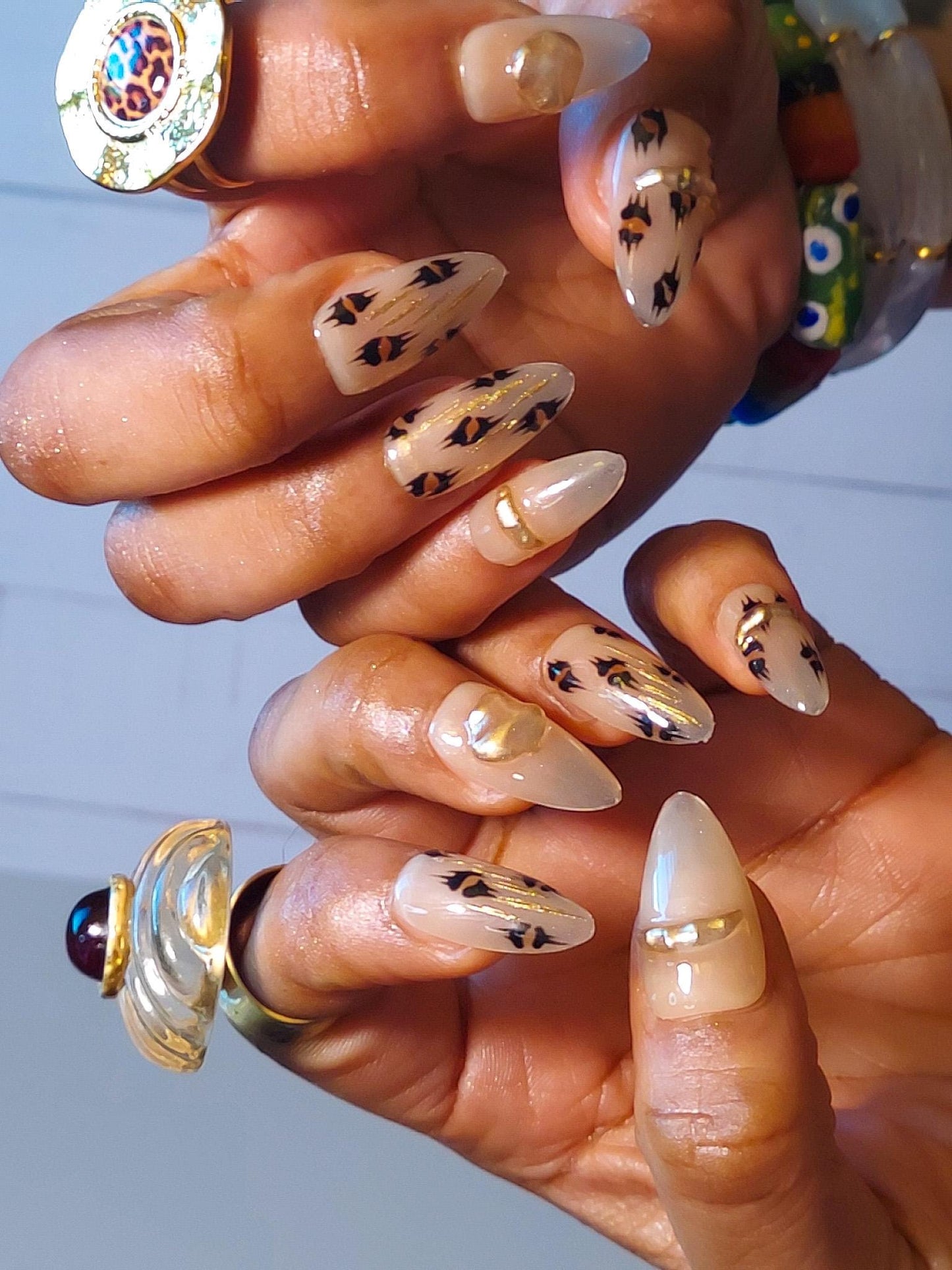 Leopard Nude Press On Nails with Gold Gems, Regular Stiletto Glue On Nails, Ready to Ship - Perfect Gift for Trendy Nail Lovers