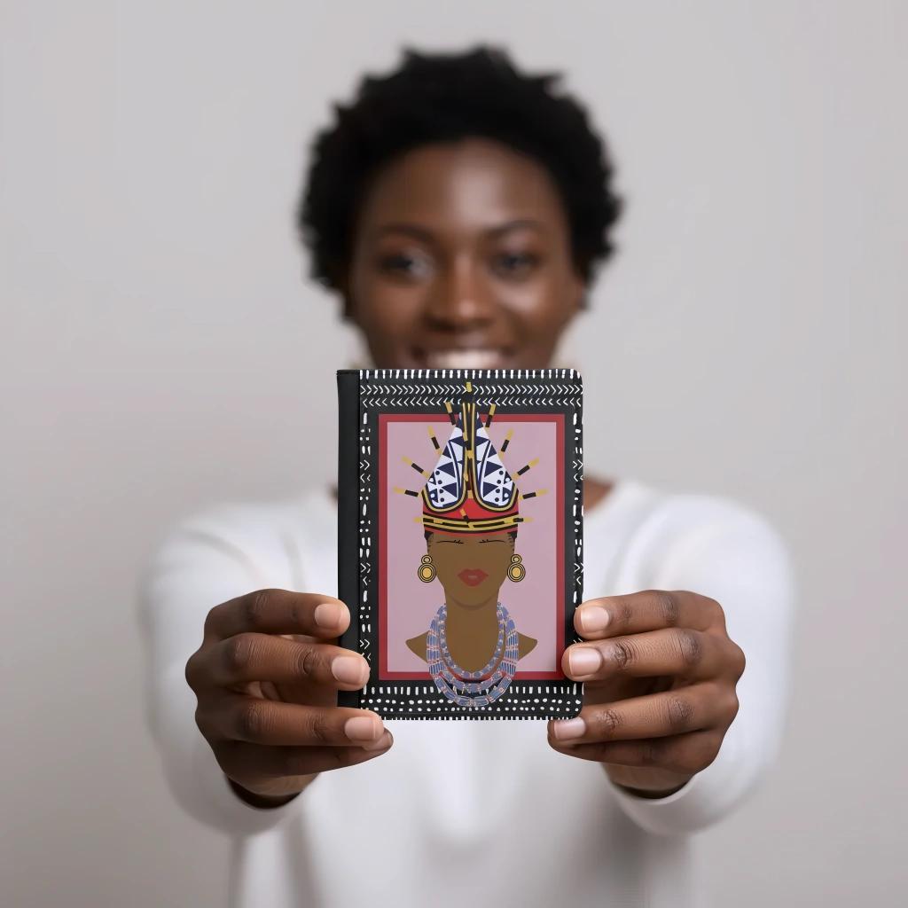 A person is holding up a framed image of a woman's face with a colorful, decorative design around it.