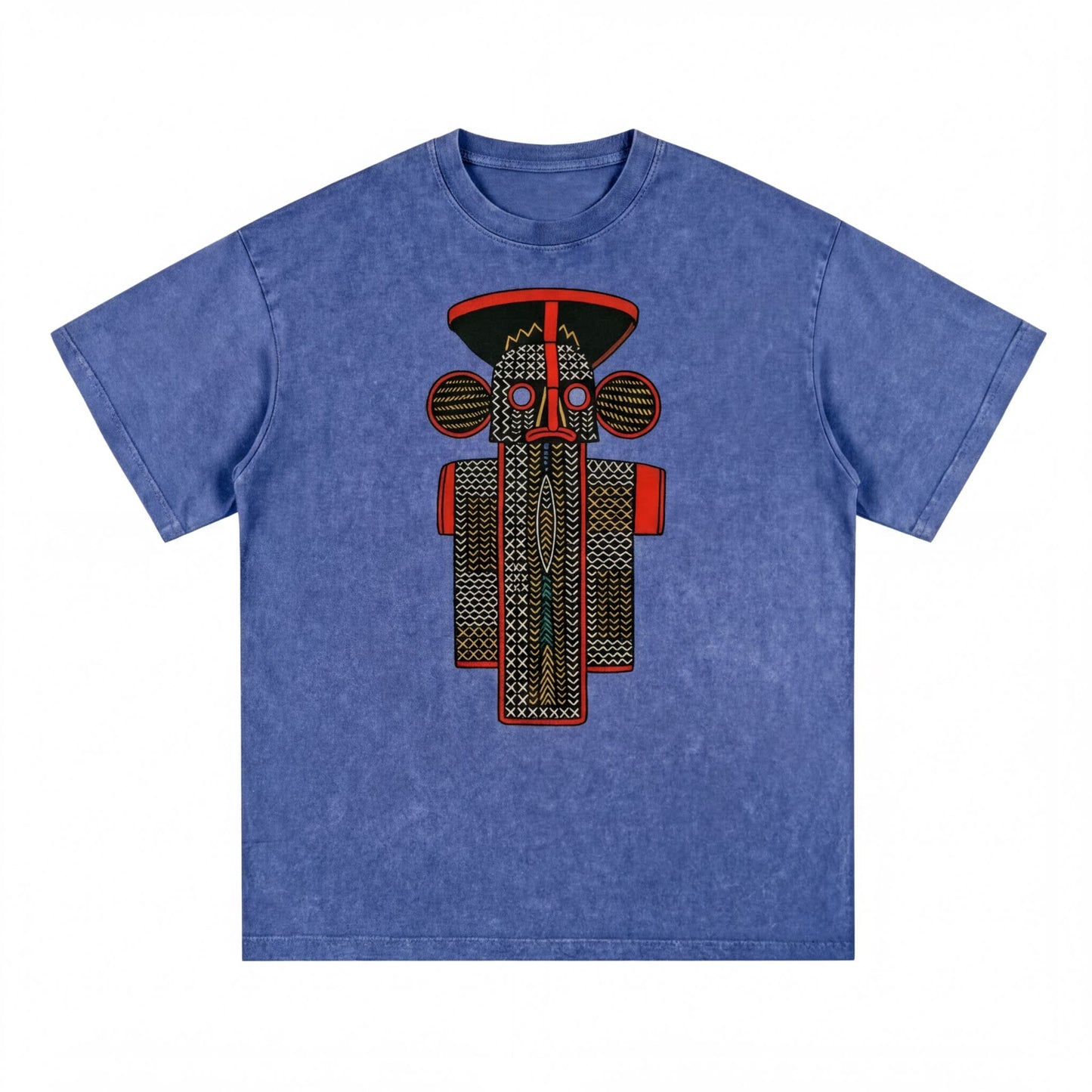 A blue t-shirt with a graphic design featuring a stylized figure with a red hat and a patterned body.