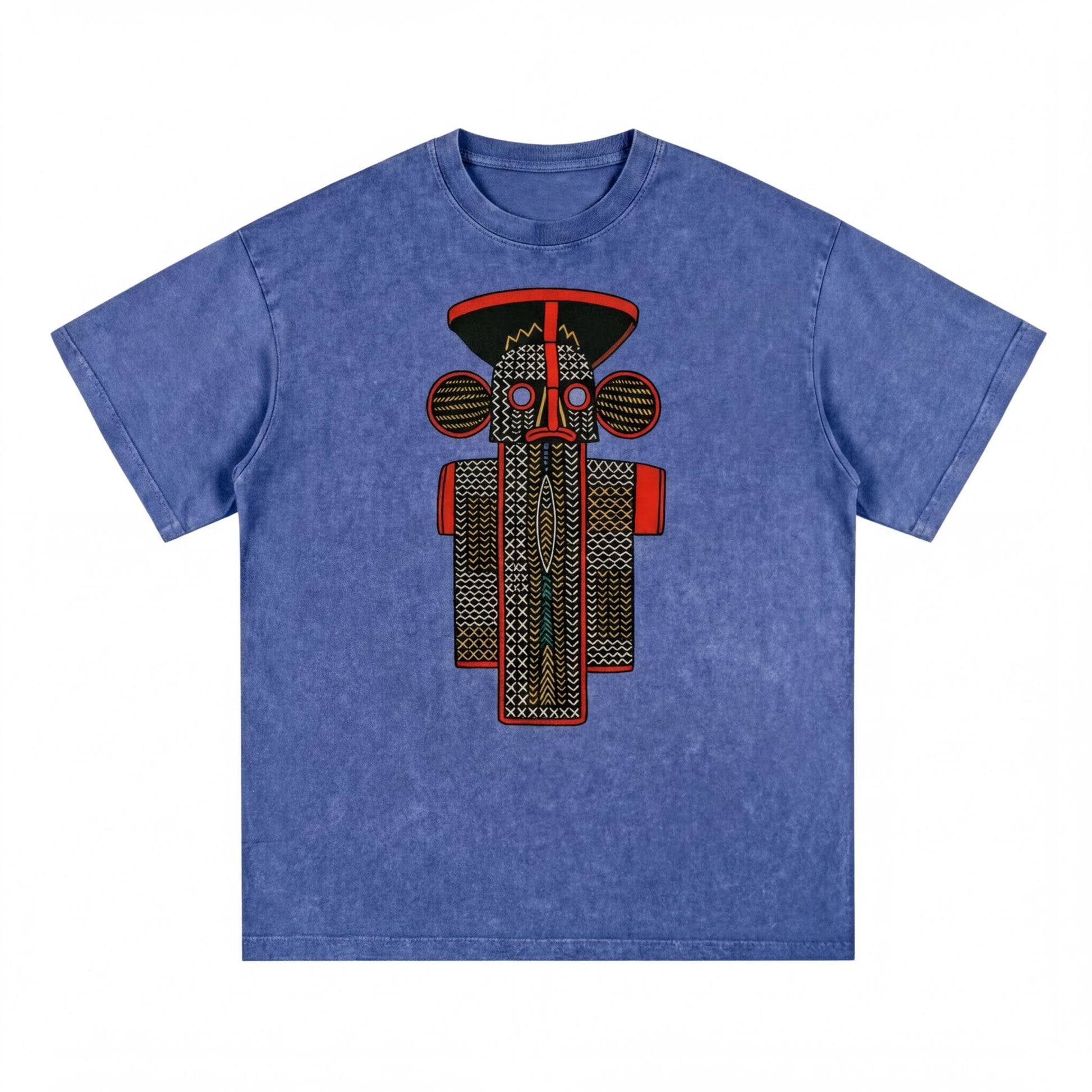 A blue t-shirt with a graphic design featuring a stylized figure with a red hat and a patterned body.