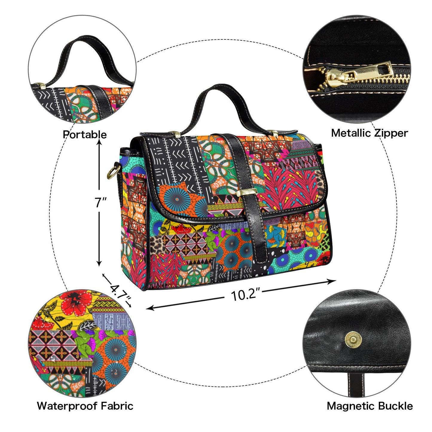 Ankara Print Vegan Leather Satchel Handbag: Black Flap Top, Long Strap, Ready to Ship
