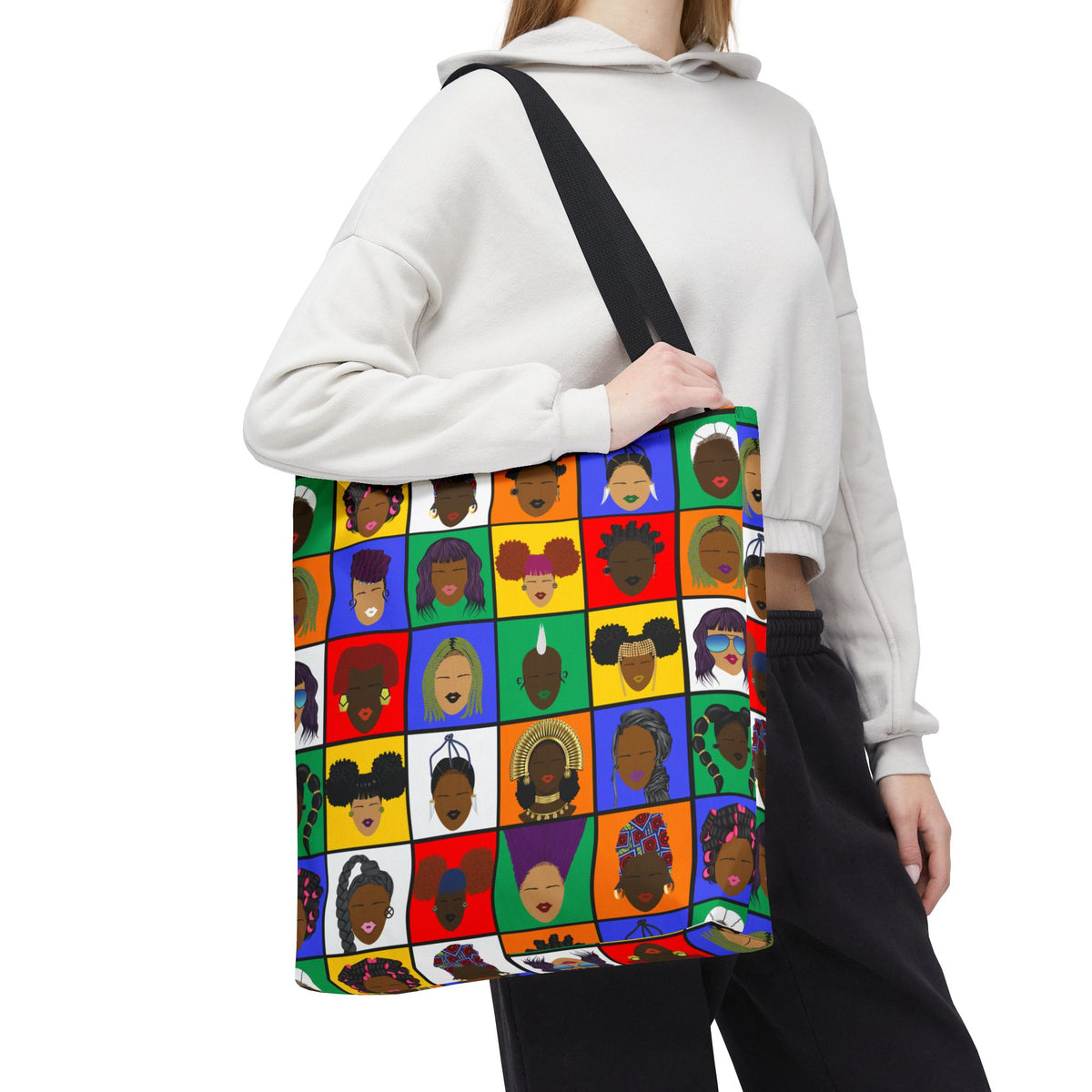 Colorful Faces Pattern Tote Bag — Multicultural Pop Art All-Over Print