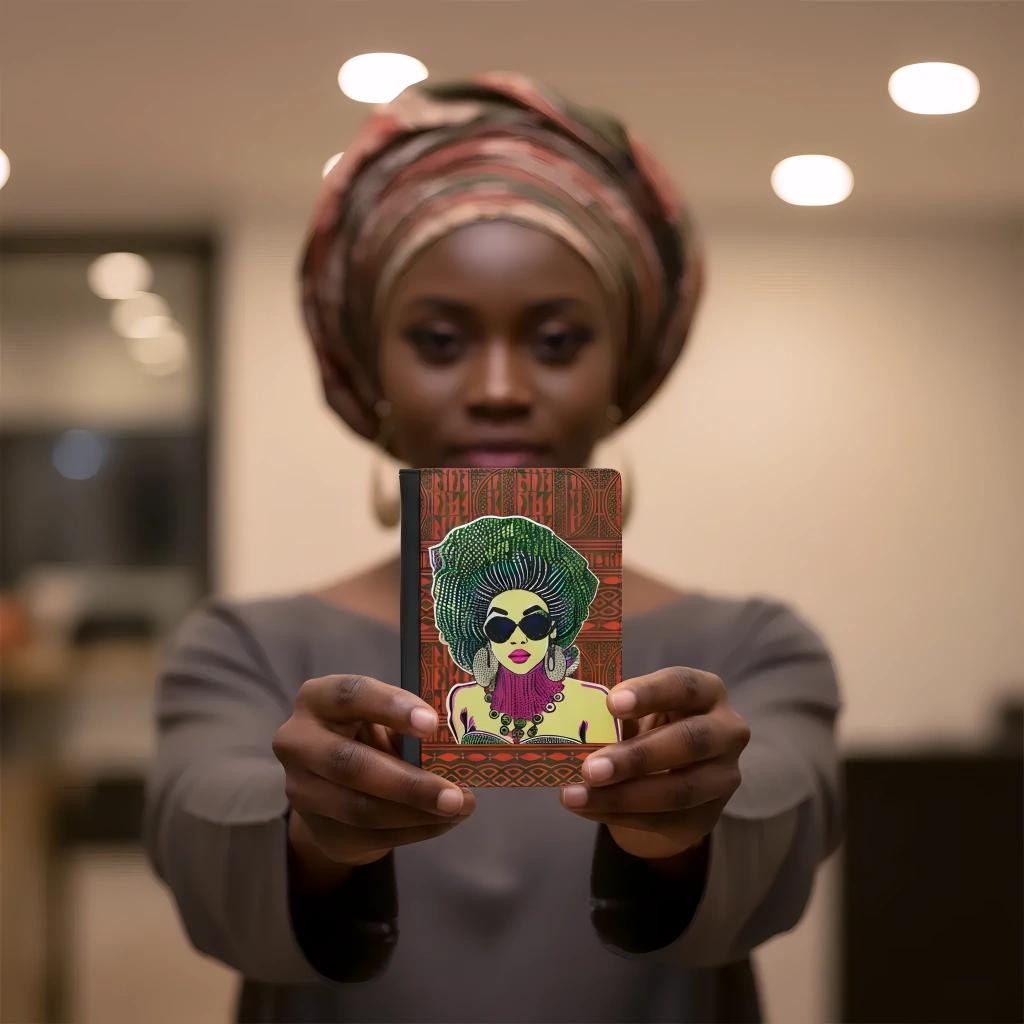 A woman wearing a head wrap is holding up a colorful notebook with an illustration of a woman's face on the cover.