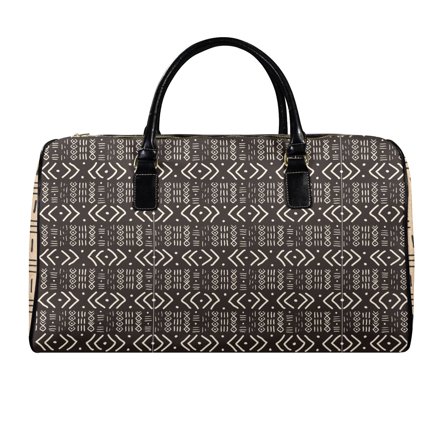 New Vegan Leather Travel Bag, Black Mudcloth with Cork Mudcloth Sides