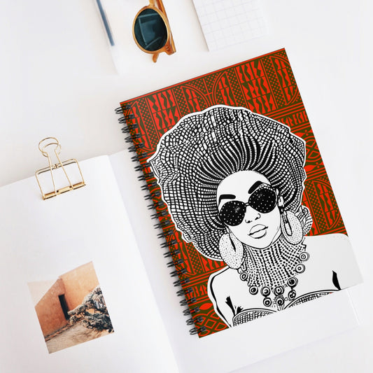 Madame Headtie(BW) - Red Ndop backdrop Spiral Notebook, Front Cover Print - Ruled Lines