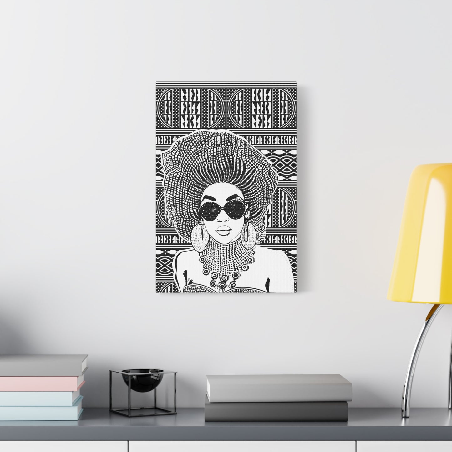 Madame Headtie on BW Ndop Matte Canvas, Stretched, 1.25" Modern African Art Print, Stylish Home Decor