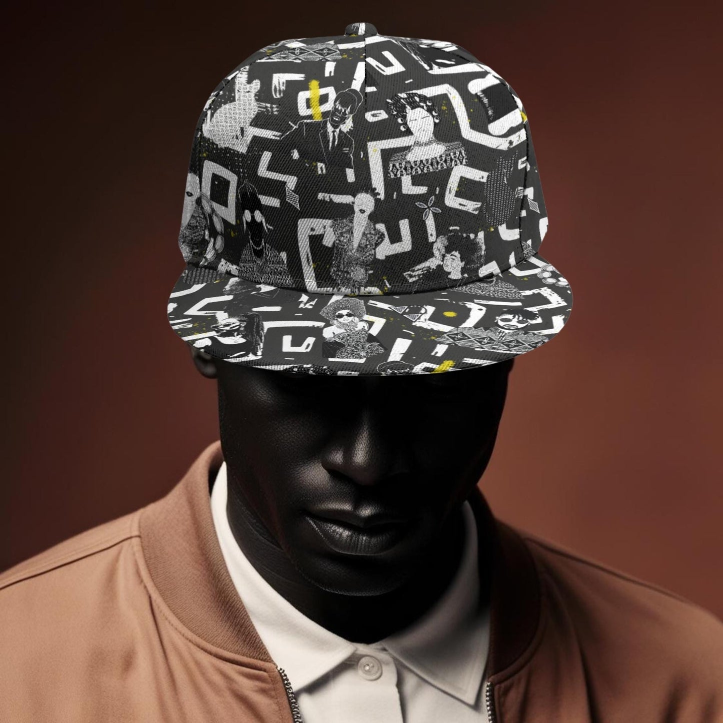 African Print Baseball Cap, Black and White with people Adjustable Snapback, Streetwear Style, Ready to Ship