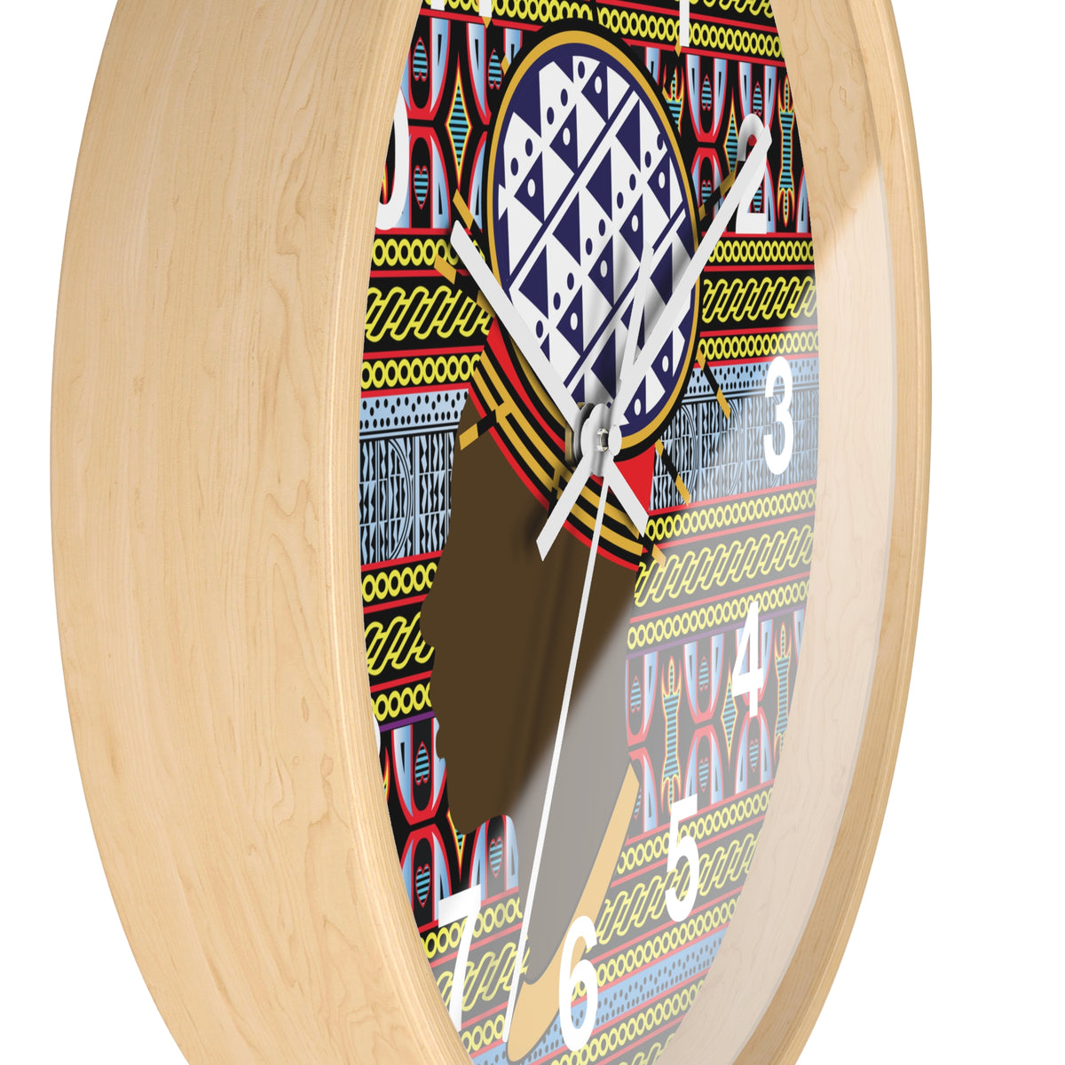 African wood wall clock, Bamileke Toghu Print Man, 12in Wood Mini