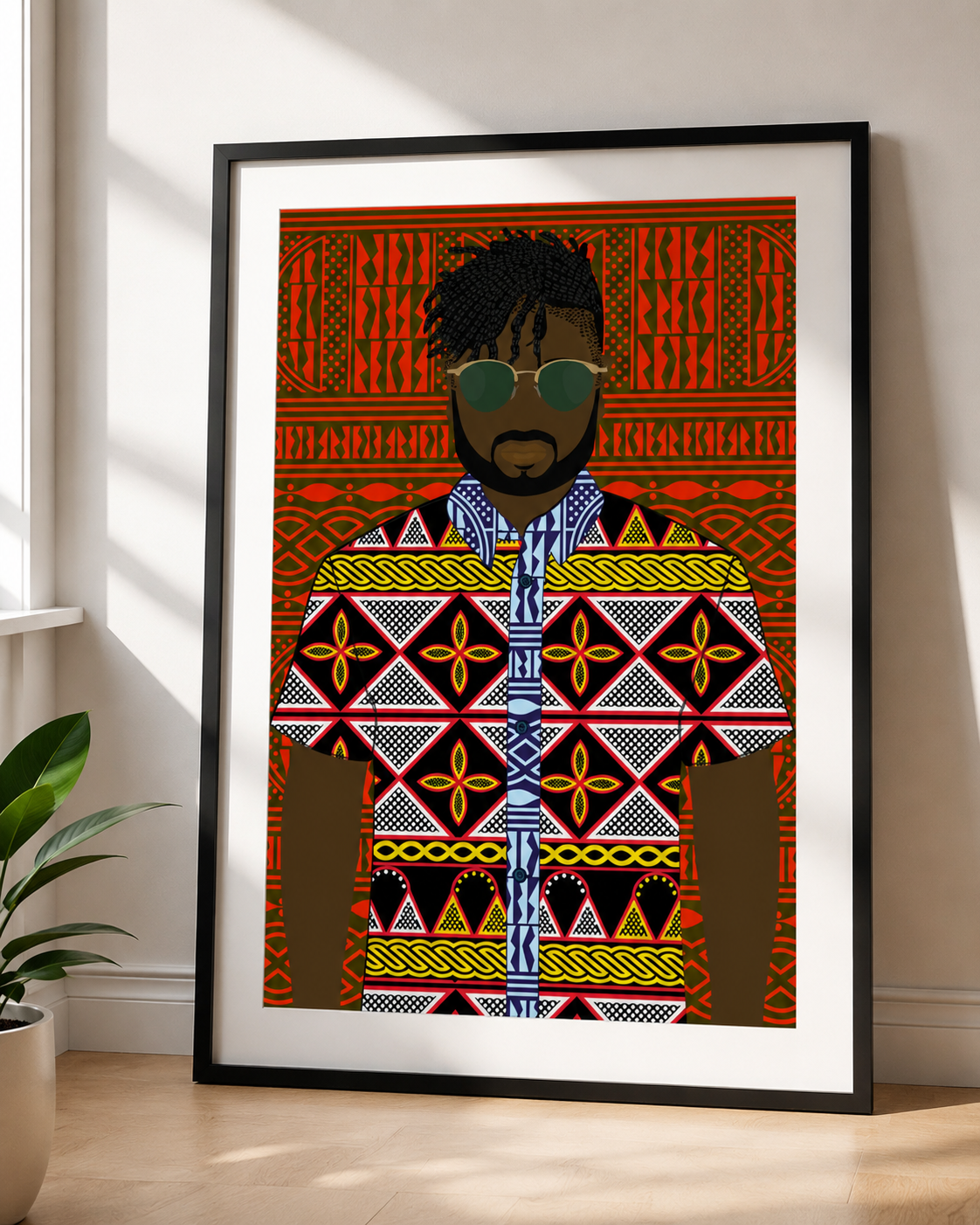The image is a framed artwork depicting a stylized figure wearing a colorful, patterned shirt.