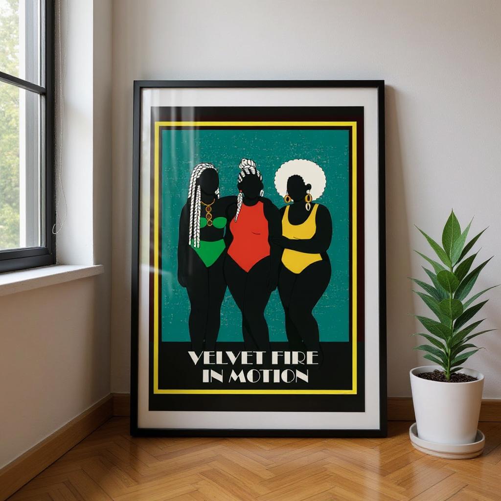 three stylized female figures wearing colorful swimsuits, with the text "Velvet Fire in Motion" displayed below the artwork.