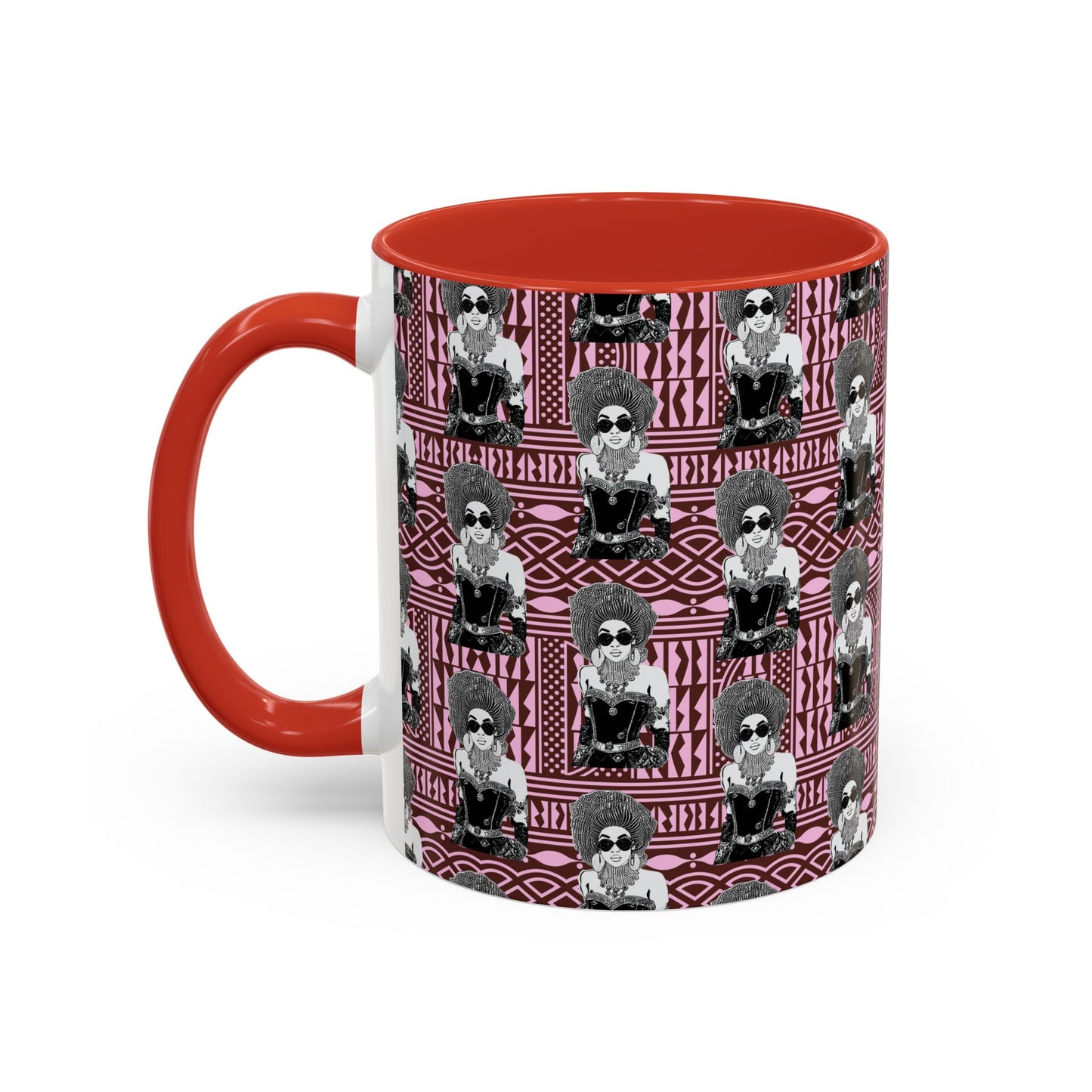 Madame Headtie(BW) Two-Tone Ceramic Coffee Mugs on Pink Ndop (4 Colors), 15oz