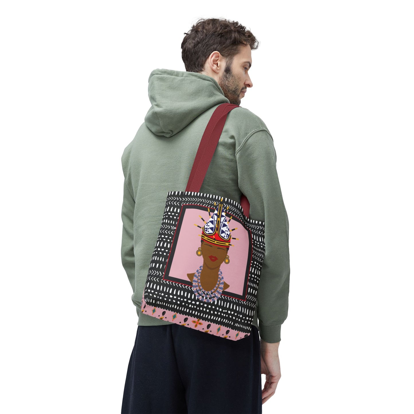 African Inspired Spiky Hat Bamileke Bamenda Girl on Pink and Mudcloth AOP Tote Bag, Ethnic Shoulder Bag, Cultural Market Bag, Colorful