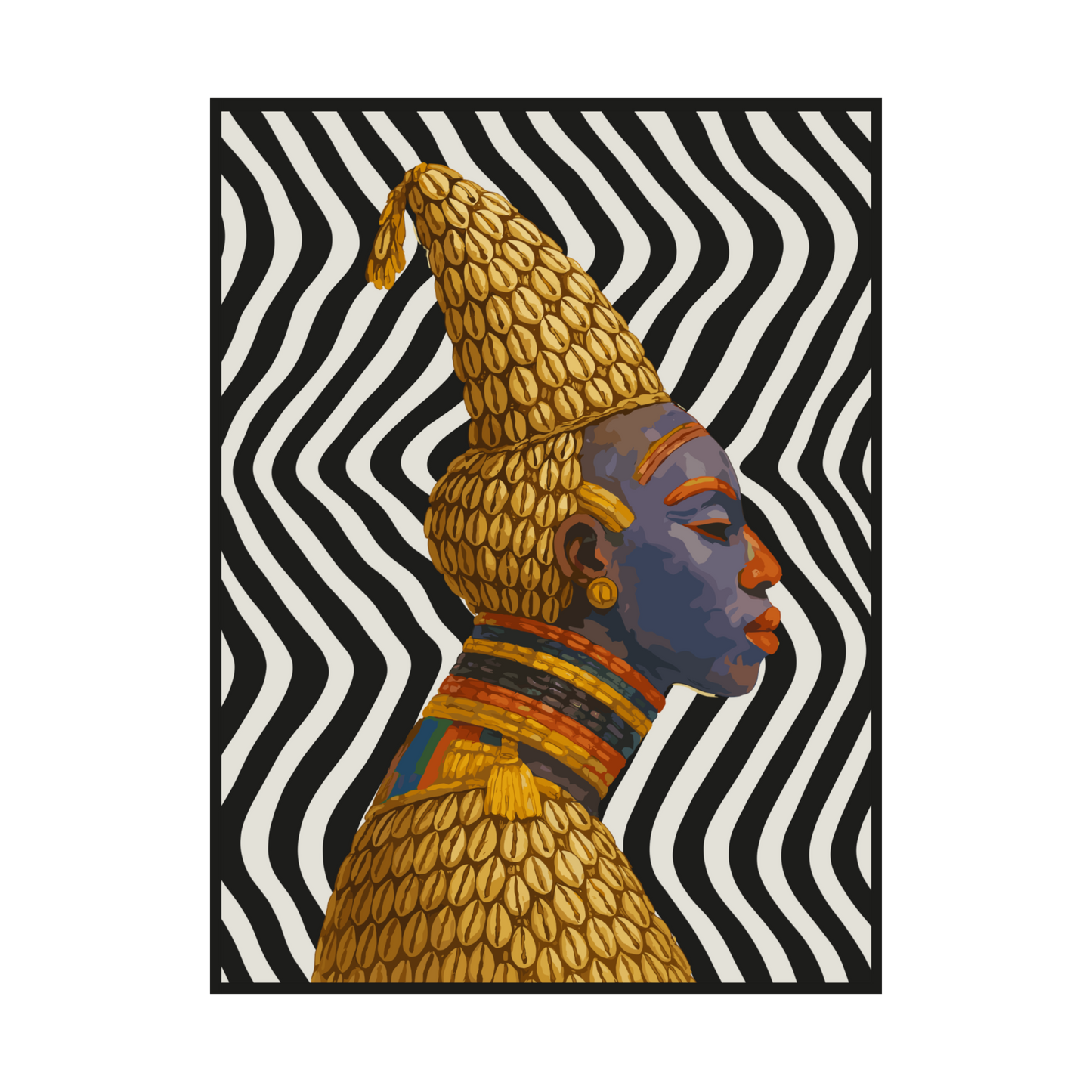 a colorful portrait of a woman with a golden headdress and a vibrant, patterned dress.