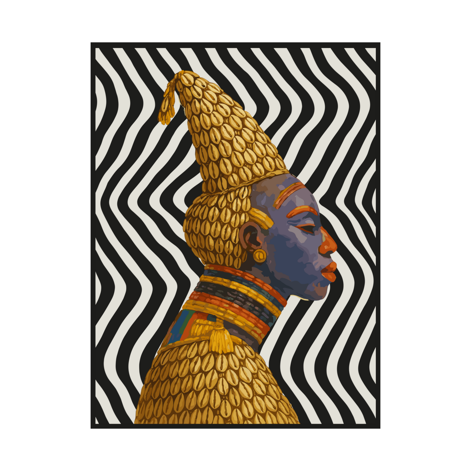 a colorful portrait of a woman with a golden headdress and a vibrant, patterned dress.