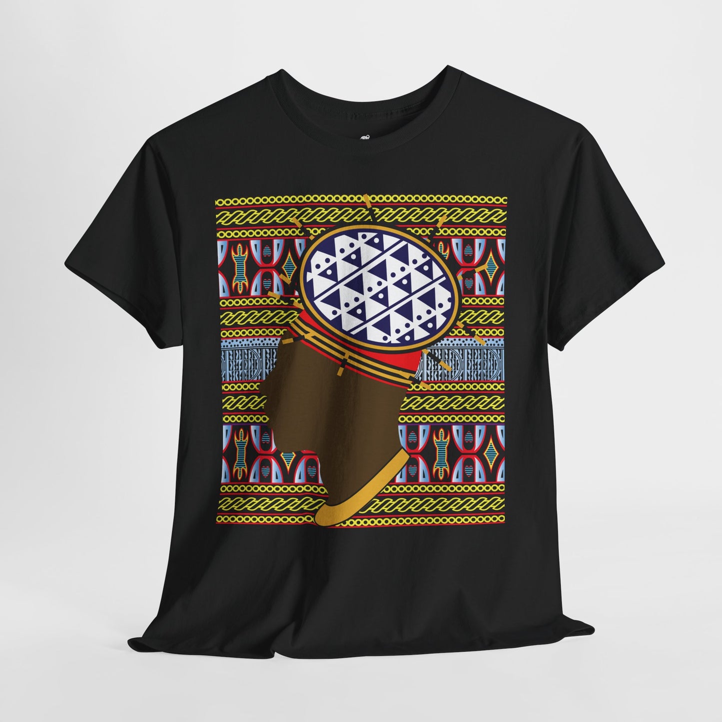 Man in Spiky Bamenda Bamileke Hat Chocolate on Black Mudcloth Unisex Heavy Cotton Tee