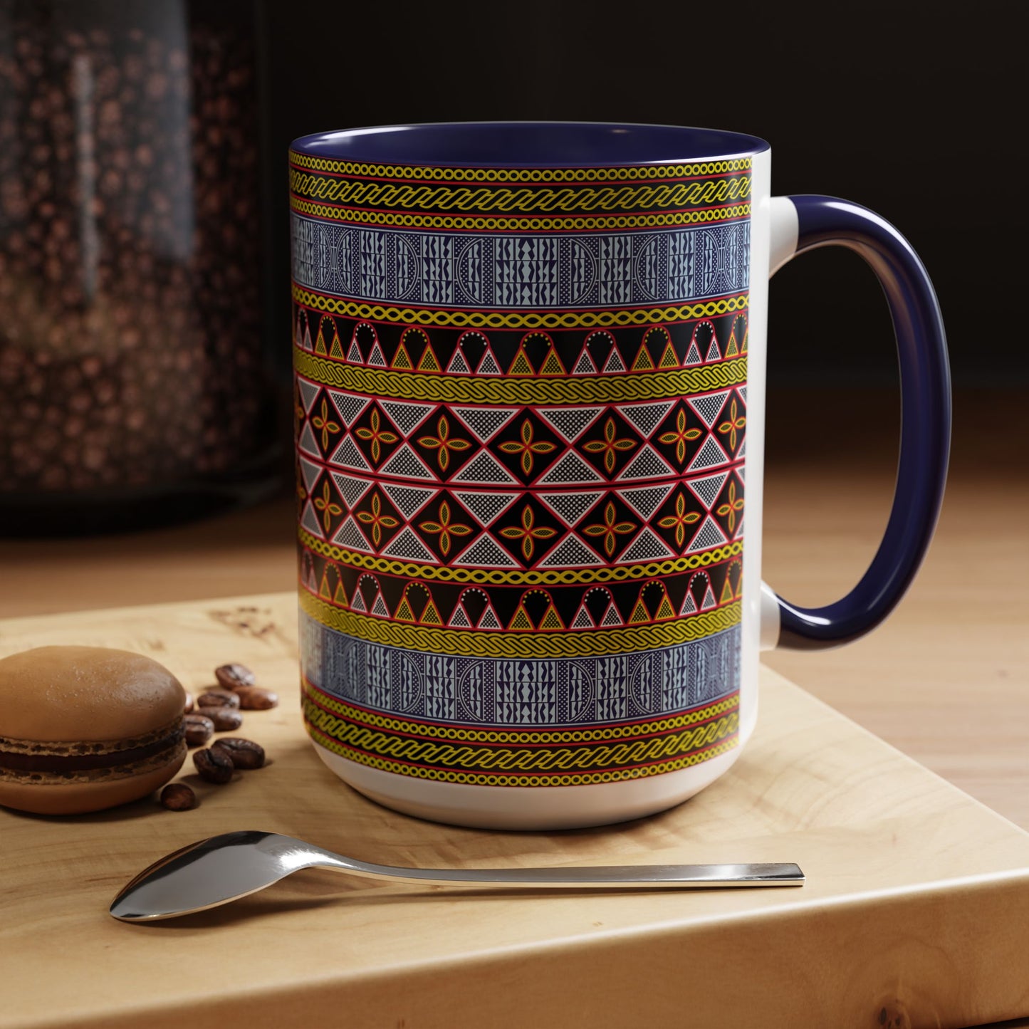 Cameroonian Toghu and Ndop Ceramic Coffee Mug (11, 15oz) in 4 Colors, 2 Sizes, Unique African Print Design
