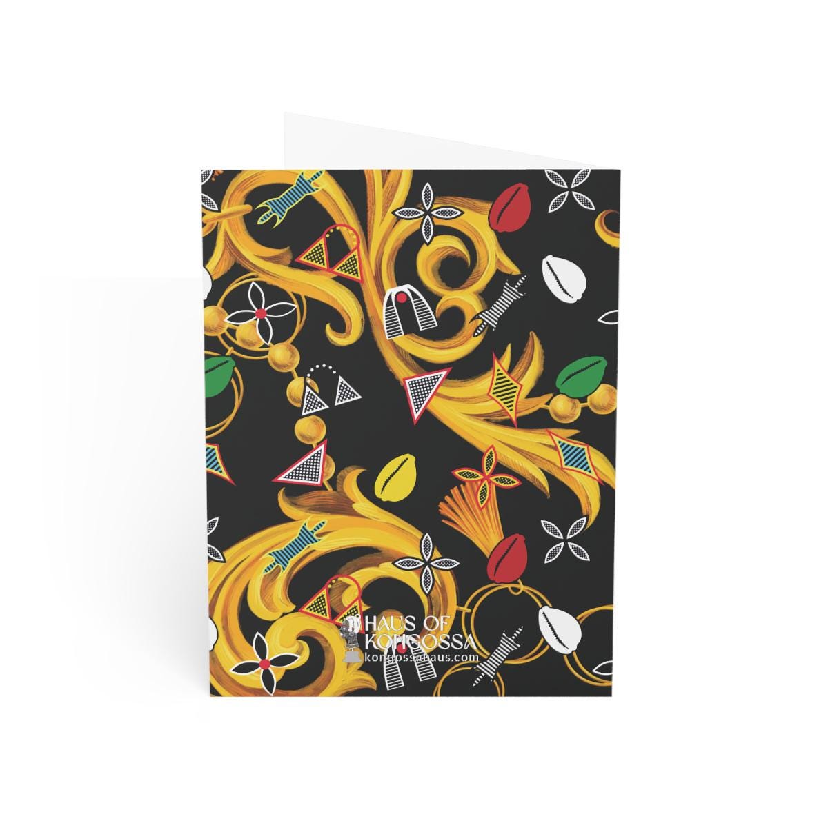 a greeting card with a black background with yellow and red designs