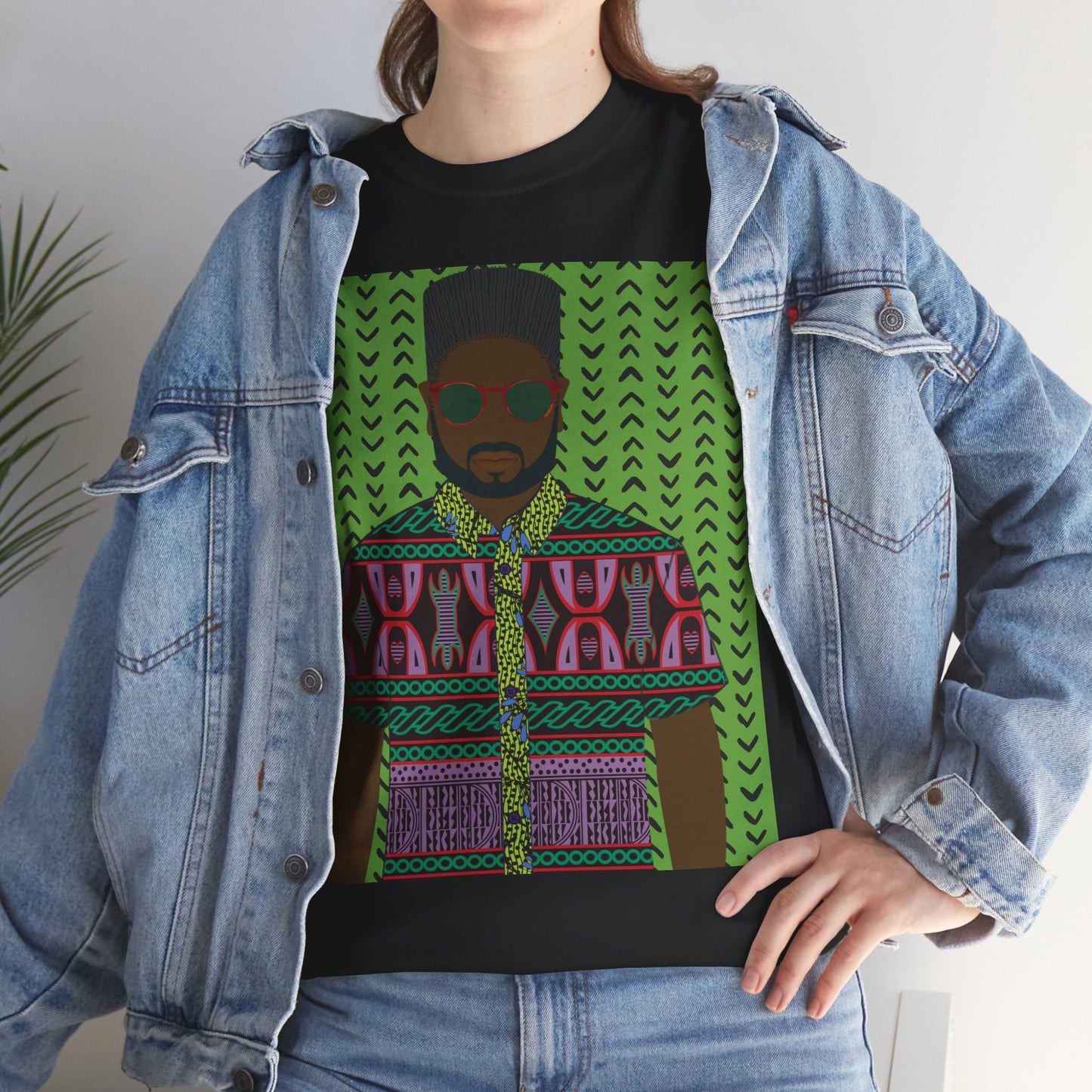 Phillipe(Chocolate) in Purple Toghu on Green Mudcloth Unisex Heavy Cotton Tee