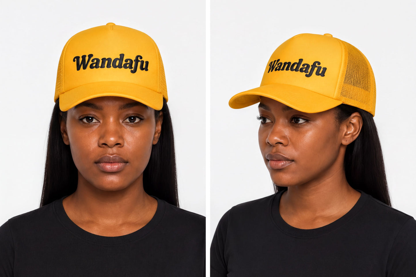 two identical photos of a woman wearing a yellow baseball cap with the text "Wandafu" printed on it.