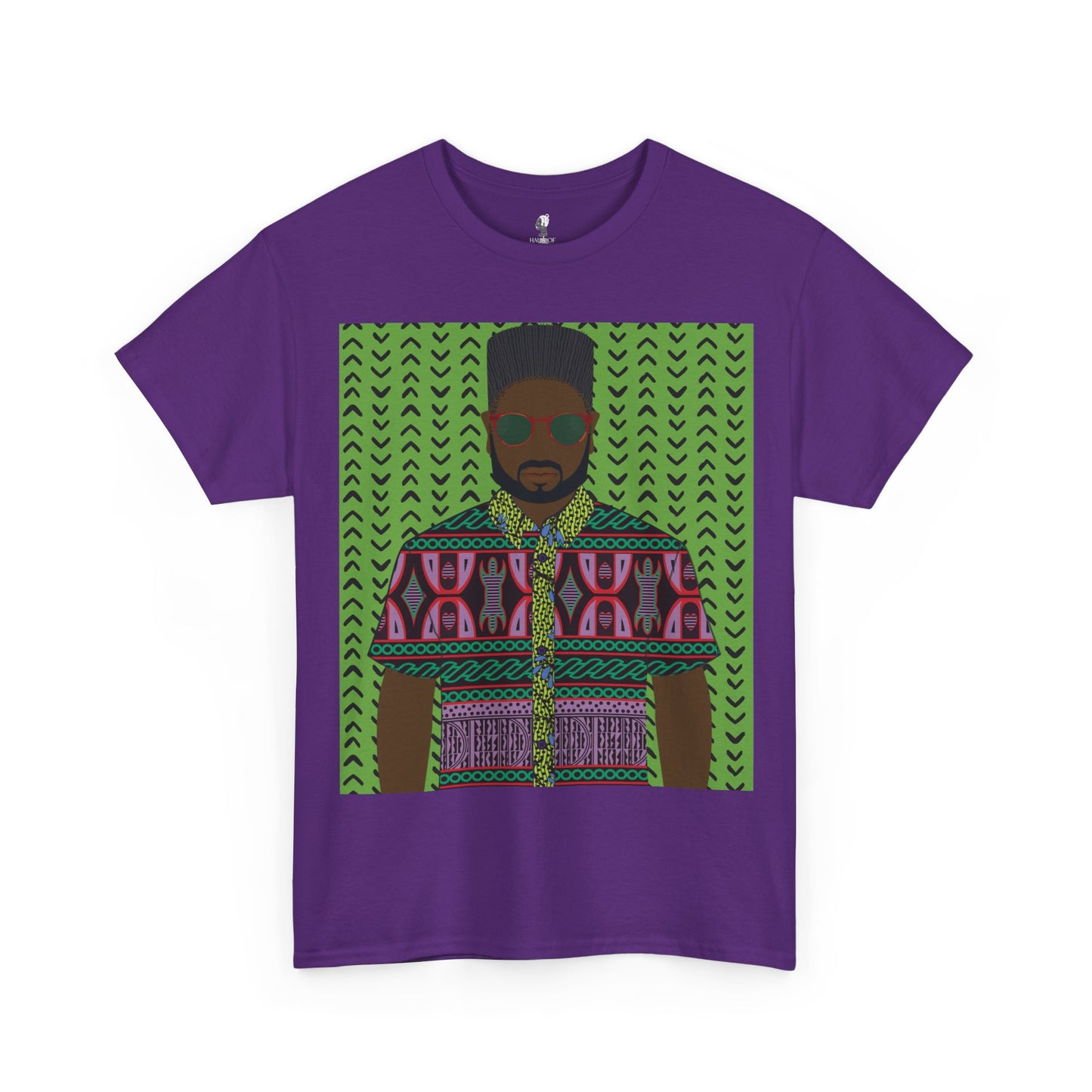 Phillipe(Chocolate) in Purple Toghu on Green Mudcloth Unisex Heavy Cotton Tee
