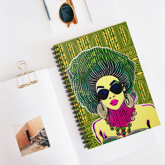 Madame Headtie(Color) - Yellow Ndop backdrop Spiral Notebook, Front Cover Print - Ruled Lines