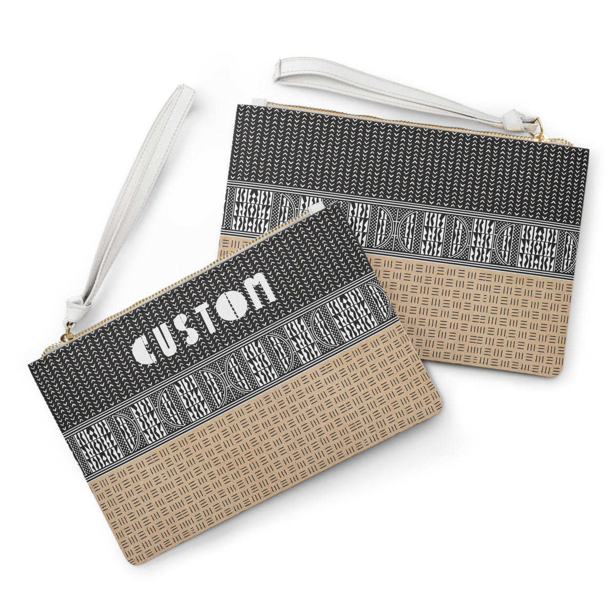Personalized Mudcloth Print Wristlet: Vegan Leather Clutch Bag