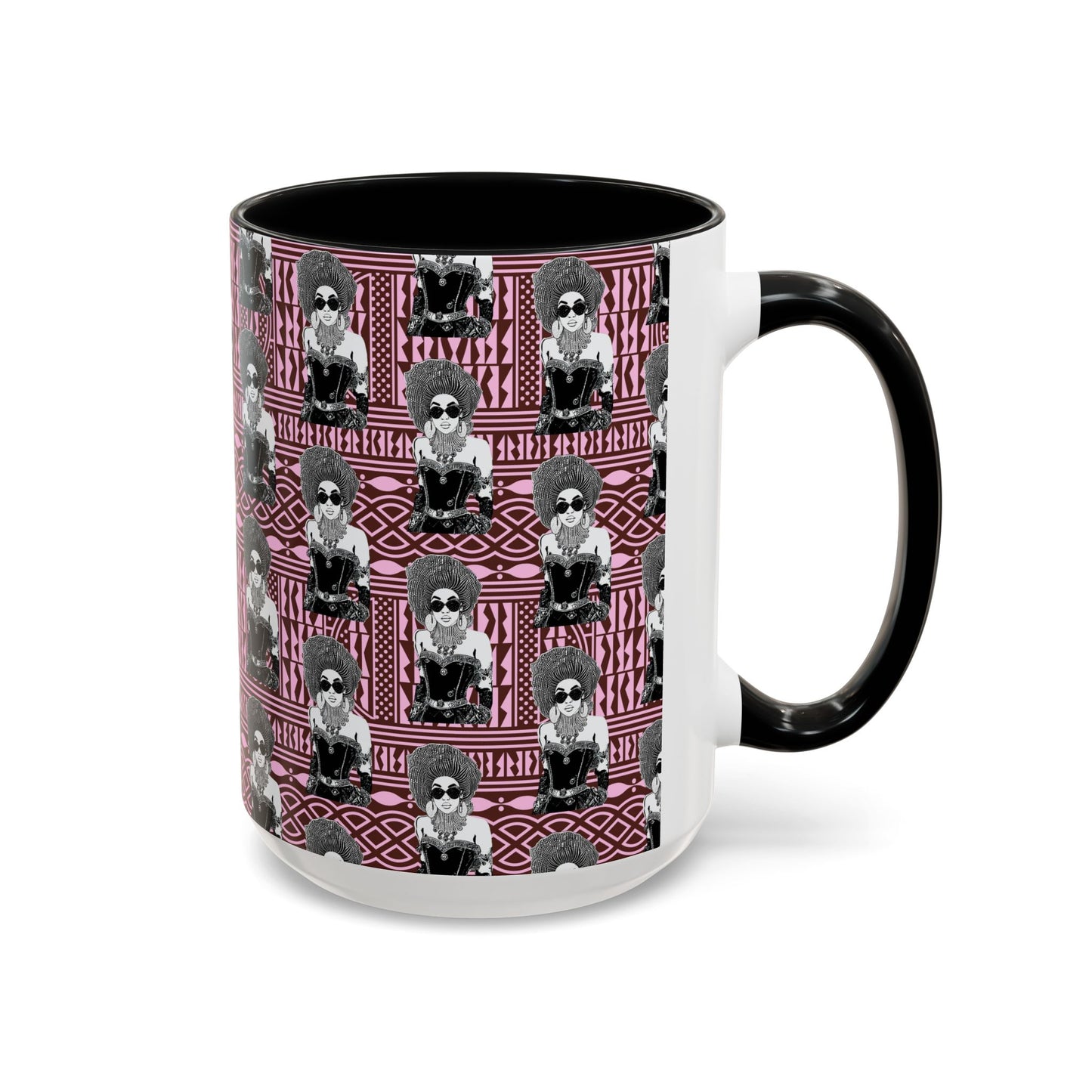 Madame Headtie(BW) Two-Tone Ceramic Coffee Mugs on Pink Ndop (4 Colors), 15oz