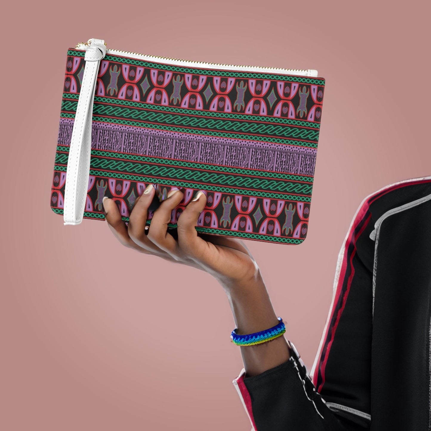 Vegan Leather Wristlet Clutch: Purple Toghu African Print Cowrie Bag