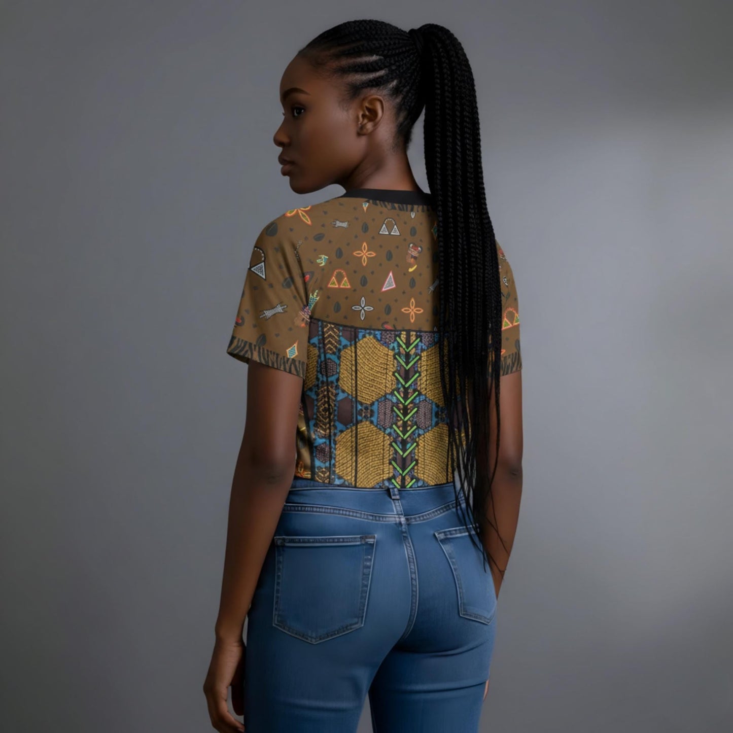 Brown Toghu Ankara Crop Top: High Stretch Women's Raglan Shirt