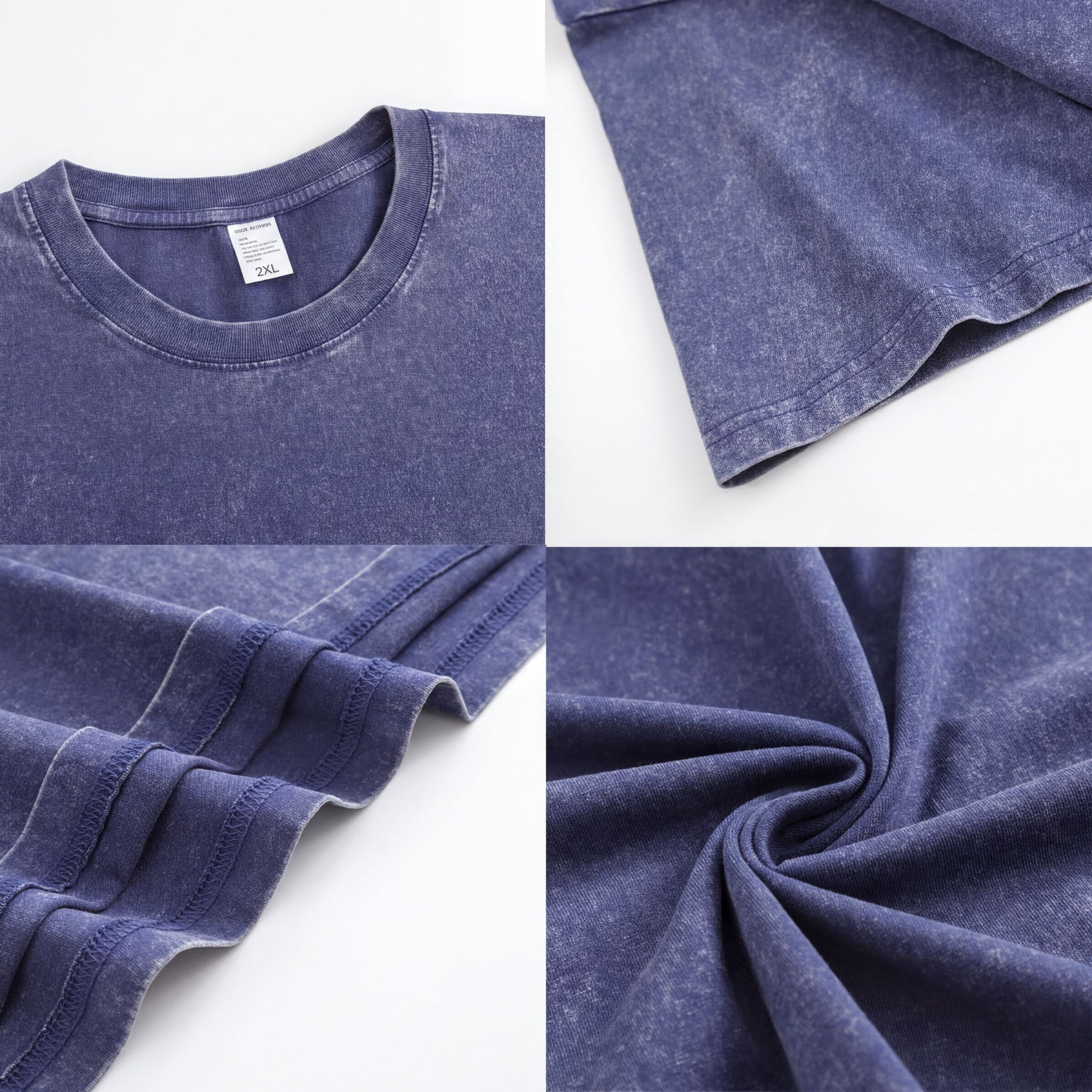 The image is a collage of four photos showing different aspects of a blue fabric, including the top, collar, sleeves, and texture.