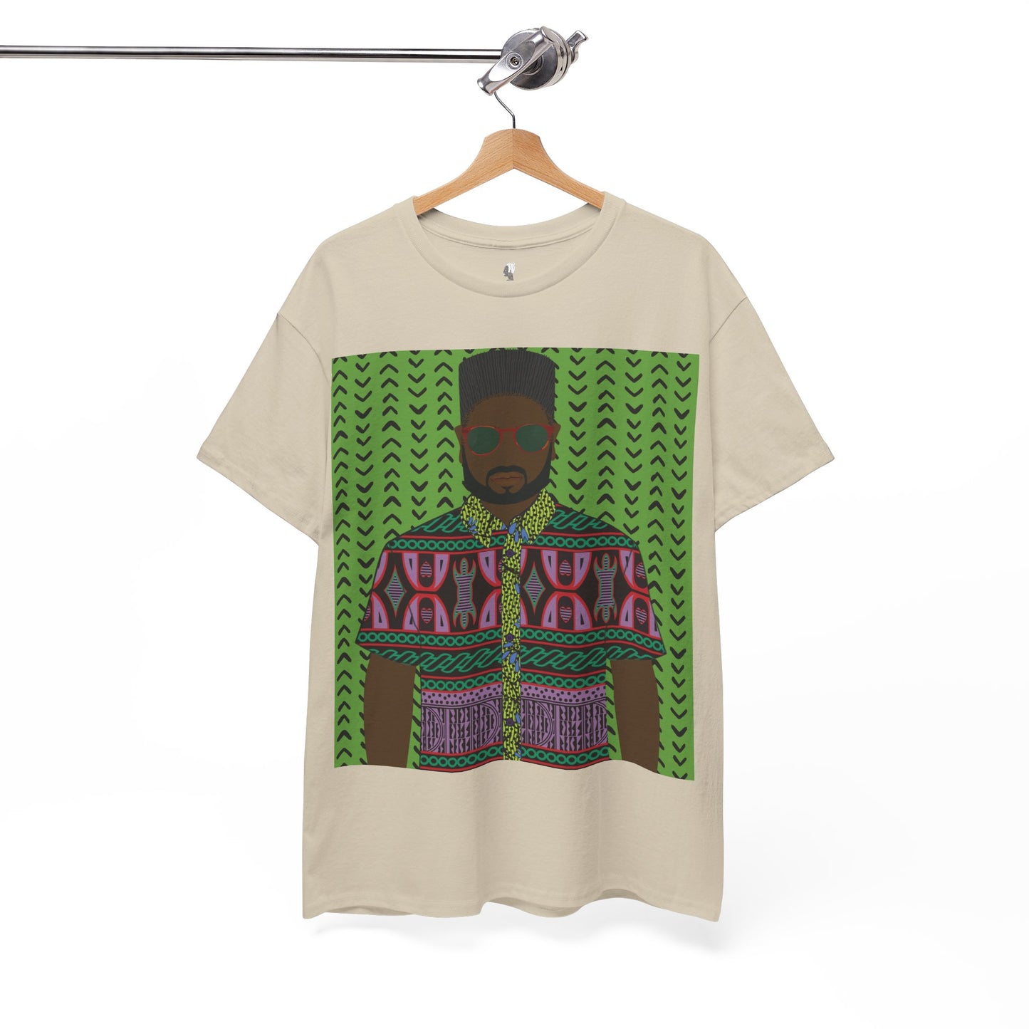 Phillipe(Chocolate) in Purple Toghu on Green Mudcloth Unisex Heavy Cotton Tee