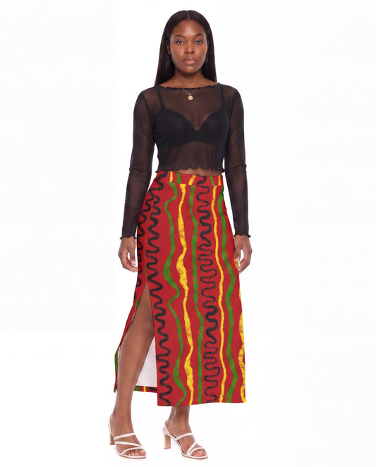 Red Rhythm Abstract Swirls Print Ribbed Lightweight Maxi Skirt with Side Slit