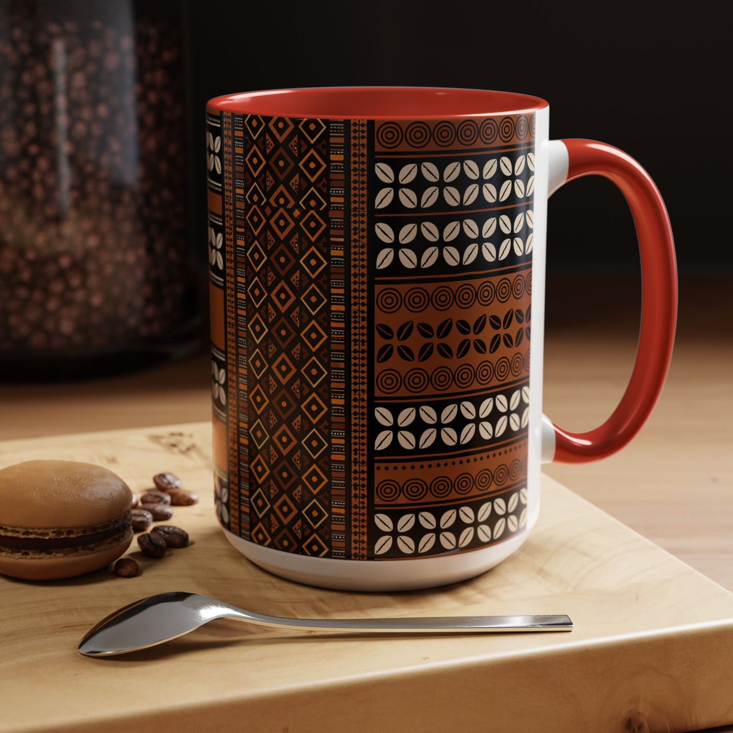 Mudcloth and Cowries Ceramic Coffee Mug (11, 15oz) in 4 Colors, 2 Sizes, Unique African Print Design