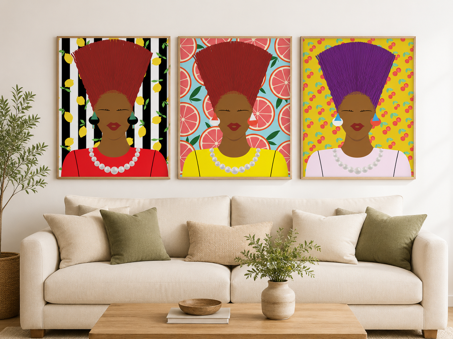 three framed artworks depicting stylized portraits of women with vibrant colors and patterns.