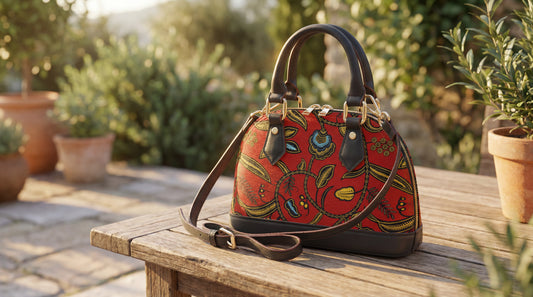 A vibrant red and yellow floral handbag with black accents is displayed on a wooden table, surrounded by potted plants.