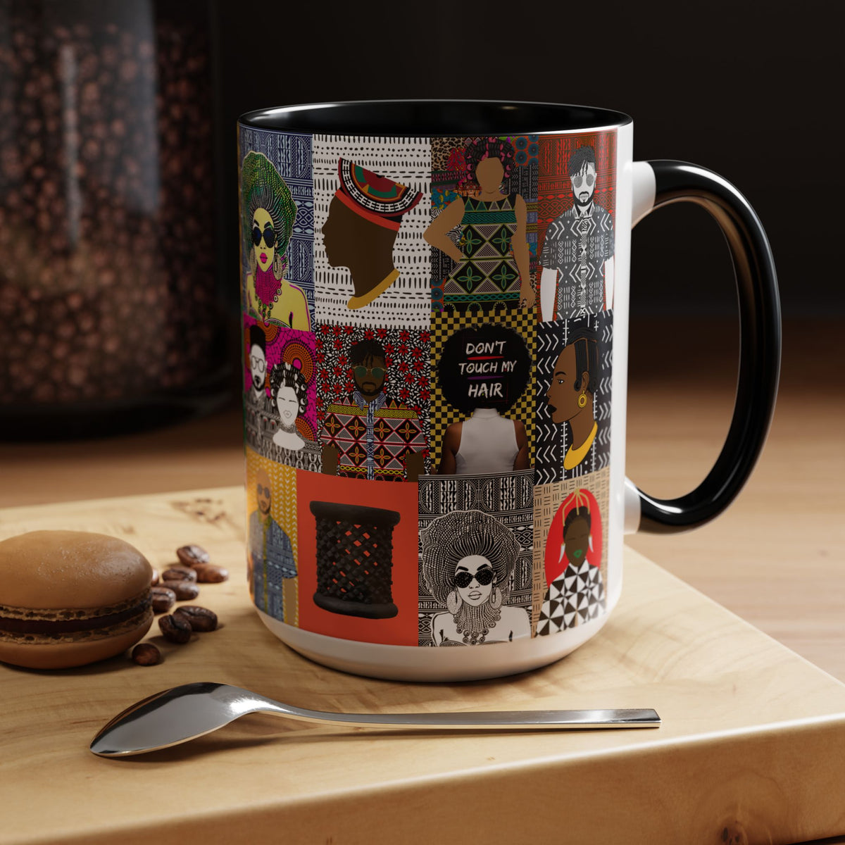 African Pipo Accent Coffee Mug - 11oz, 15oz, 4 Colors, 2 Sizes, Unique Ethnic Design, Kitchenware, Tea Cup, Home Decor, Drinkware