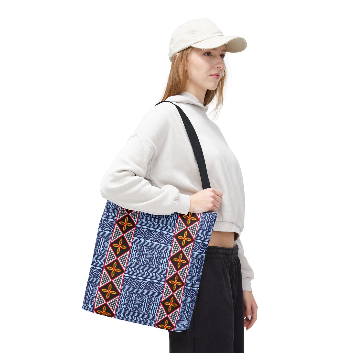 Blue Tribal Ndop Pattern Canvas Tote | Geometric Ethnic Print, Vertical Toghu Stripes