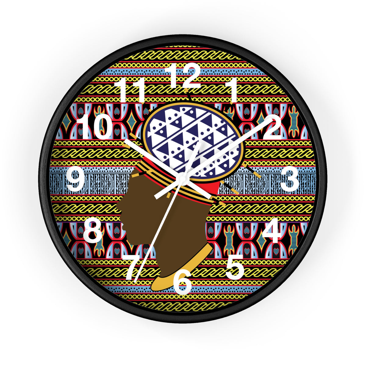 African wood wall clock, Bamileke Toghu Print Man, 12in Wood Mini