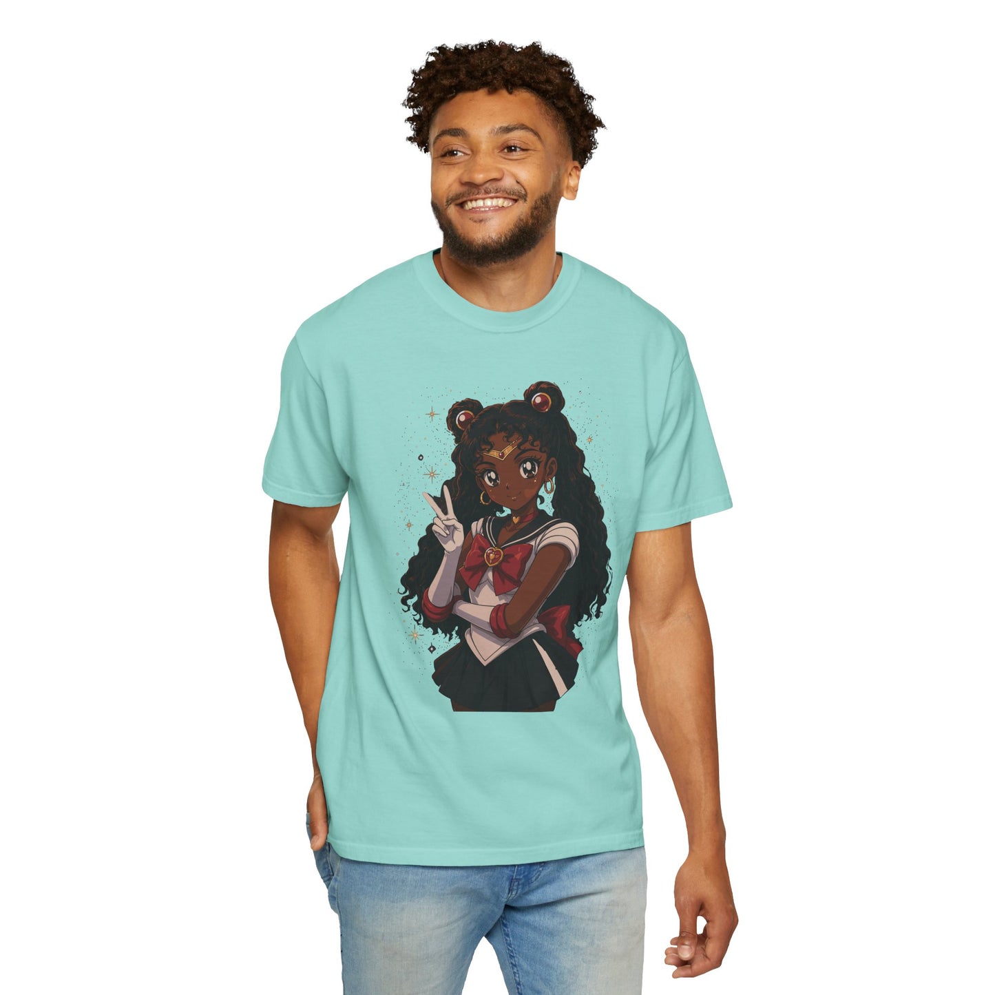 Melanin Magic Anime Tee, Black Anime Girl Shirt, Afro Magical Girl Tee, African Streetwear Graphic, Unisex Garment-Dyed T-Shirt