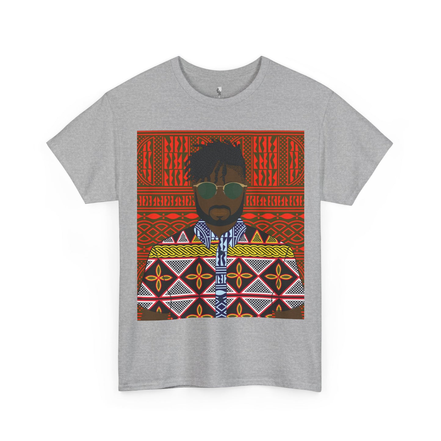 Pascale(Chocolate) in Yellow Toghu on Red Ndop Unisex Heavy Cotton Tee