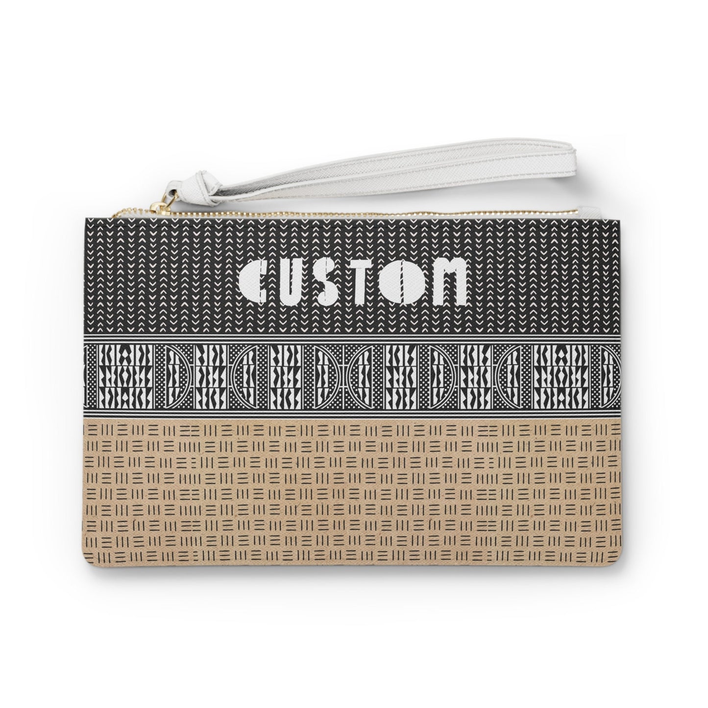 Personalized Mudcloth Print Wristlet: Vegan Leather Clutch Bag