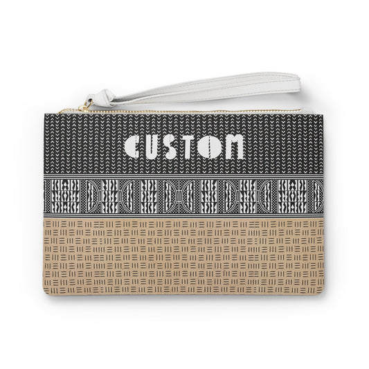 Personalized Mudcloth Print Wristlet: Vegan Leather Clutch Bag